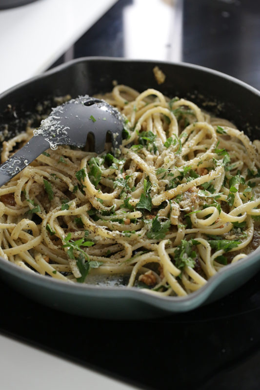 Pasta with nut sauce and raisins