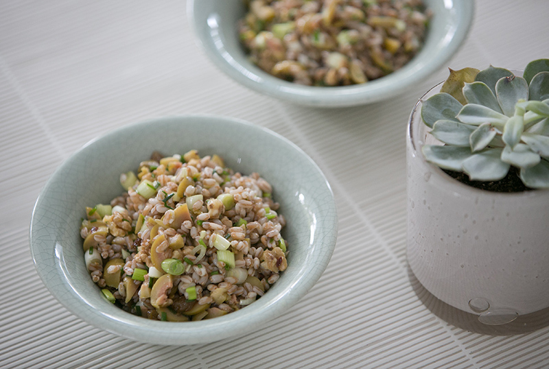 Barley Salad with green olives and toasted walnuts